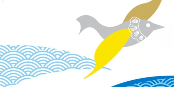 Stylized bird with yellow and gray wings flying over blue wave patterns.