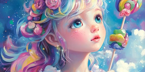 A whimsical girl with a unicorn horn holds a colorful lollipop under a starry sky.