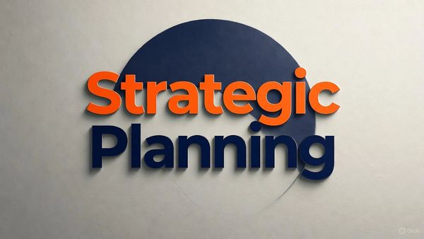 Bold text reading 'Strategic Planning' over a blue circular design on a light wall.