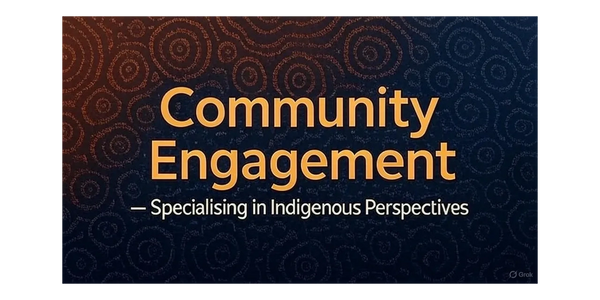 Community Engagement focusing on Indigenous perspectives with a patterned background.