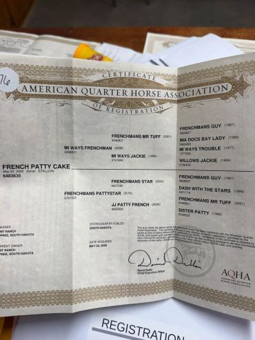 Certificate of registration for a Quarter Horse named French Patty Cake.