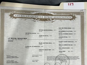 Certificate from American Quarter Horse Association for LF Royal Sioux Rep.