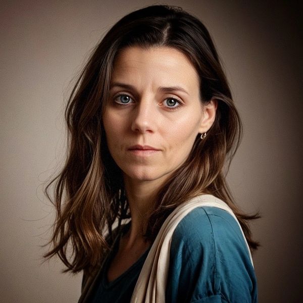 Portrait of a woman with brown hair and blue eyes.