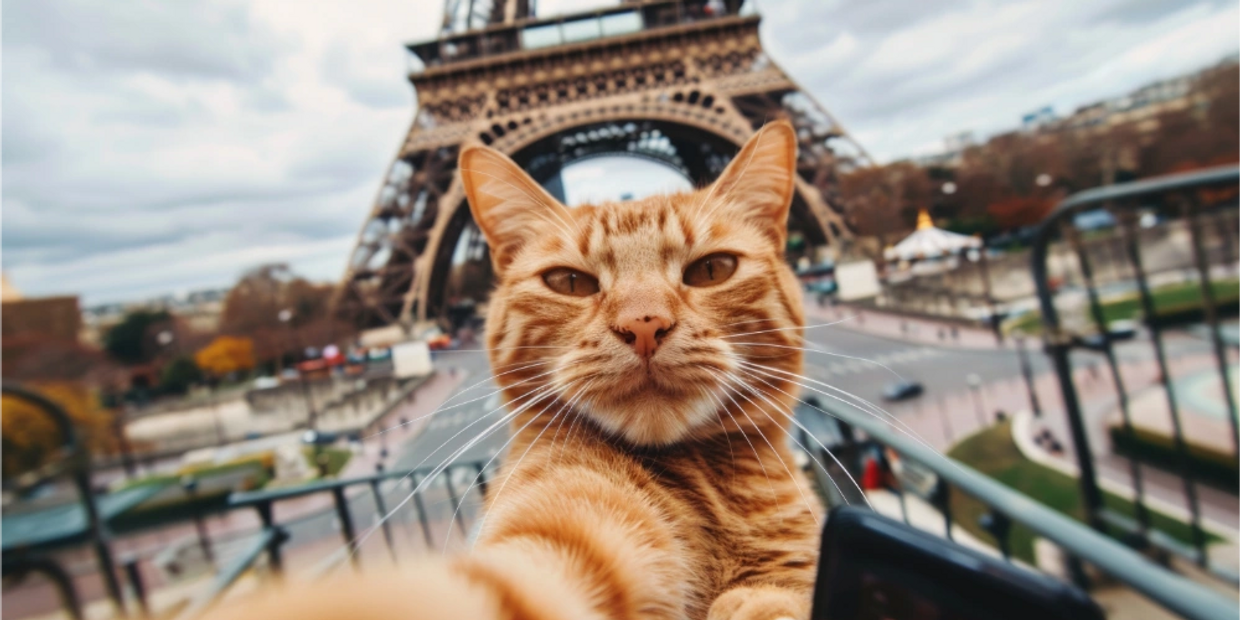 Close up of a cat taking a selfie at Eiffel Tower in Paris - independent solo trip planning service