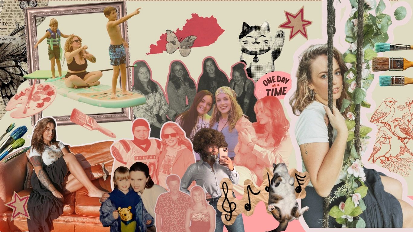 A vibrant collage blending vintage photos, painting tools, and whimsical elements.