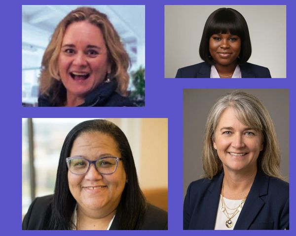 Four professional women in business attire posing for headshots.