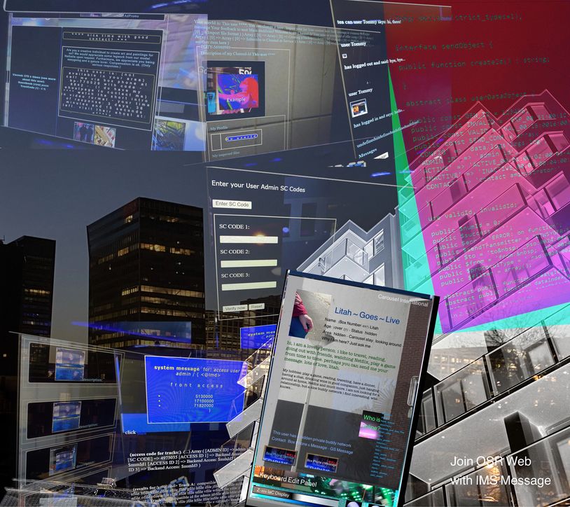 A digital collage of overlapping computer screens with code and a cityscape backdrop.