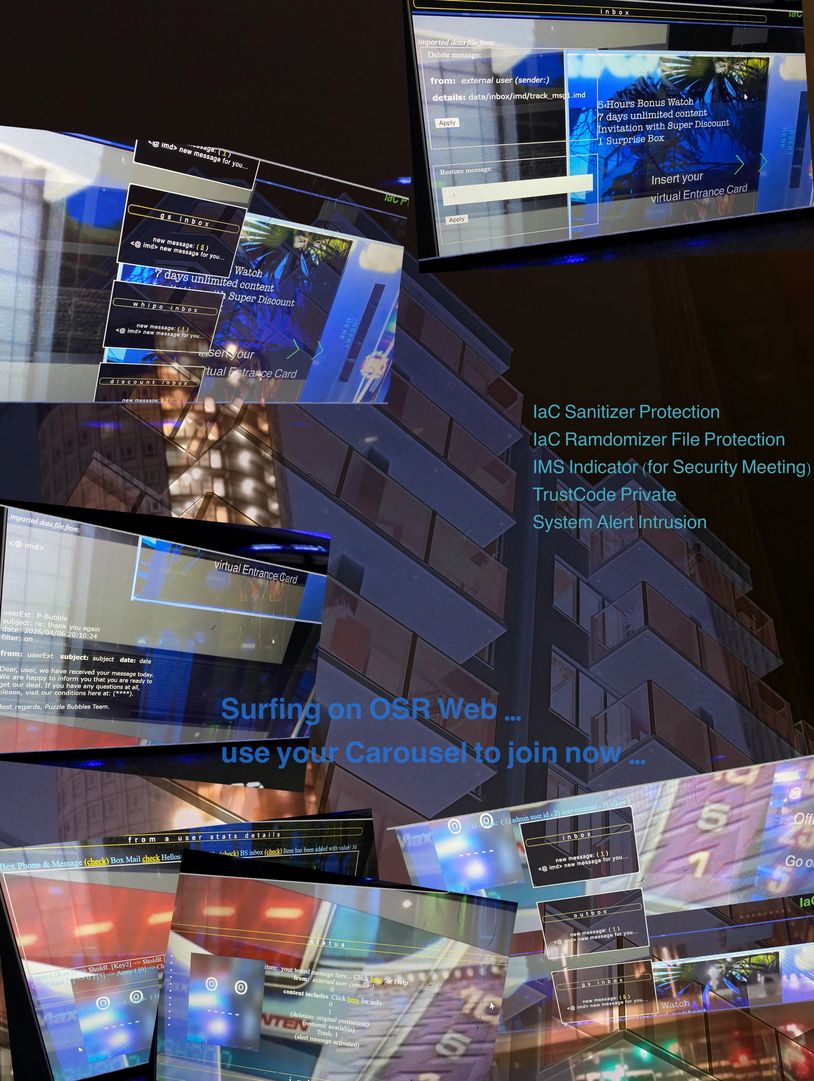 Futuristic digital interface with security alerts and virtual entrance card prompts overlaid on a building facade.
