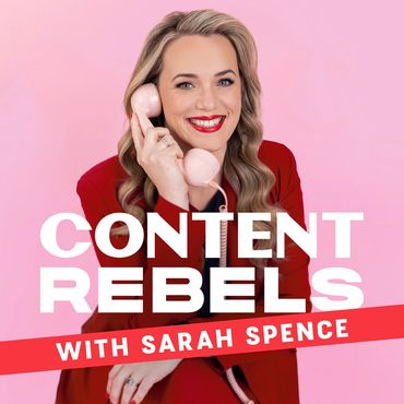 A woman smiles, talking on the phone with a pink background. Words Content Rebels with Sarah Spence.