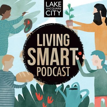 A cartoon image of people gardening, drawing and baking with the words Living Smart Podcast.
