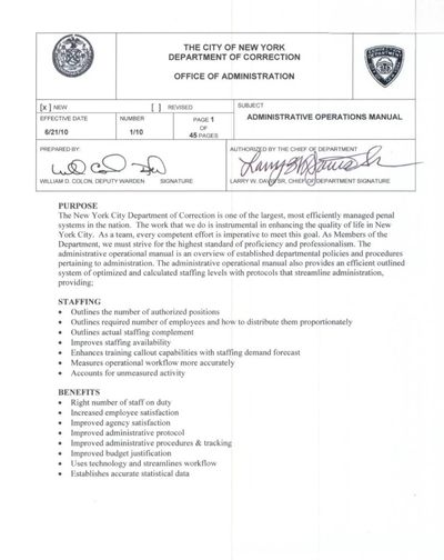 ADM 1/10, page 1. Prepared by William D. Colon, Deputy Warden. Authorized by the Chief of Department