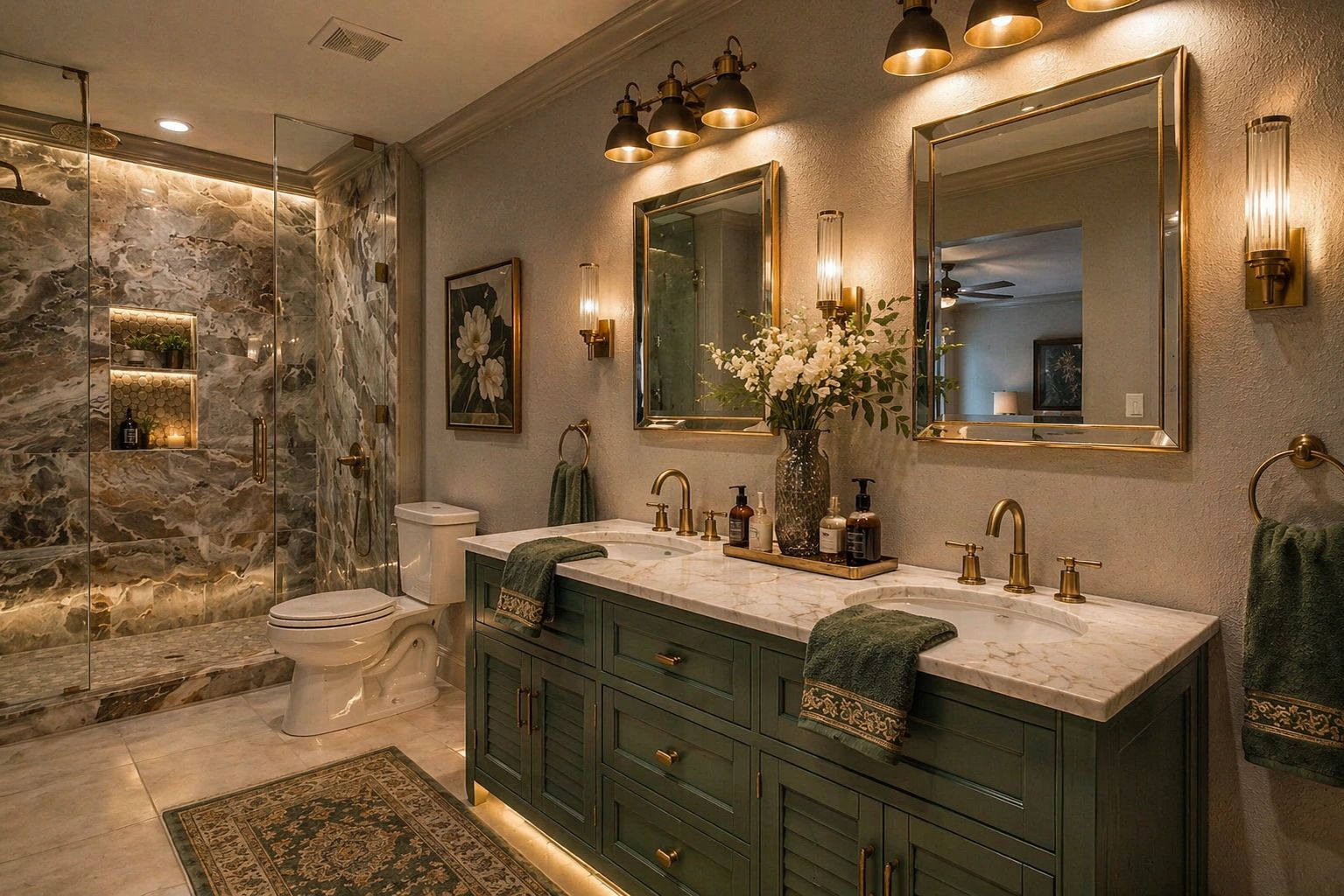 Elegant bathroom with marble shower and green vanity.