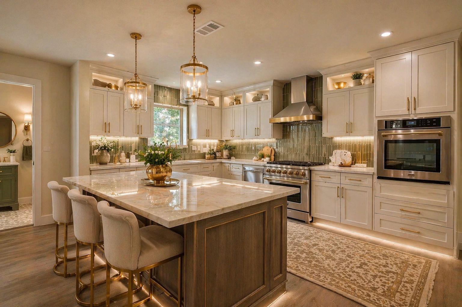 Elegant kitchen with marble island, gold accents, and soft lighting.