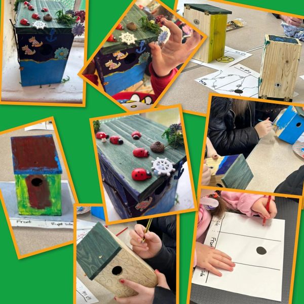 Kids decorate and paint birdhouses in a classroom.