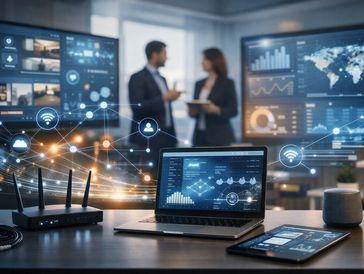 Office desk with smart devices displaying data and two professionals talking.