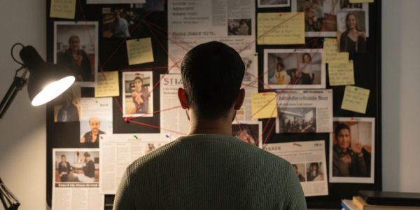 Person analyzing a complex evidence board with photos and notes.