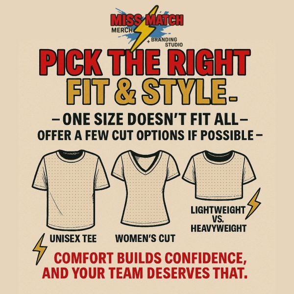 Guide to choosing the right fit and style for apparel with unisex, women's cut, and lightweight vs heavyweight options.