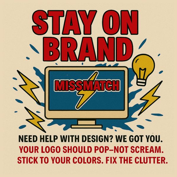 Graphic urging to stay on brand with clear logo design and color consistency.