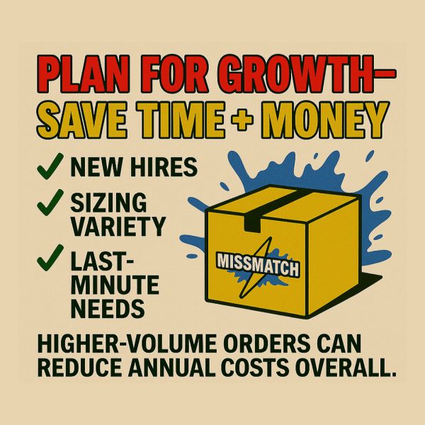 Plan for growth by saving time and money with new hires, sizing variety, and last-minute needs.