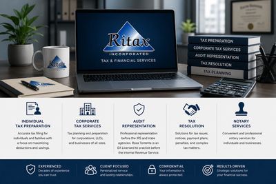 Office desk with laptop displaying Ritax tax services and related materials.