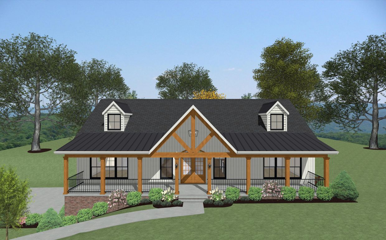 Front view of a modern farmhouse with a spacious porch and wooden accents.