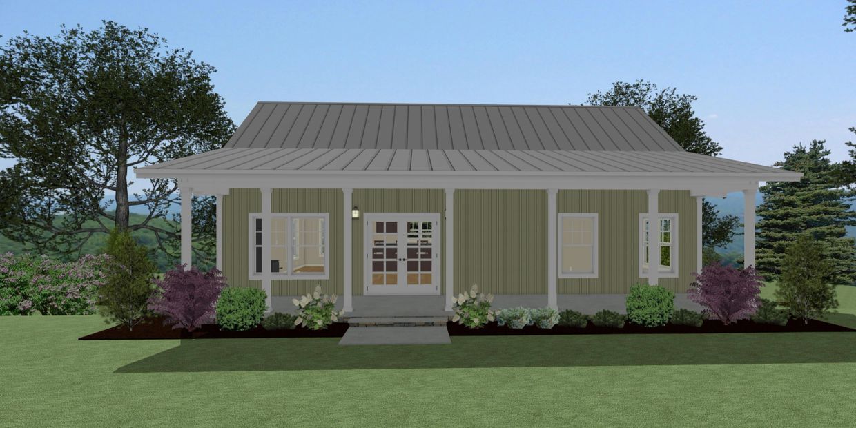 A single-story house with a gray metal roof and green siding with a front porch and garden.