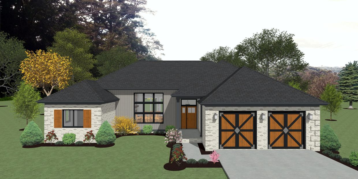 Modern single-story house with wooden garage doors and stone facade.