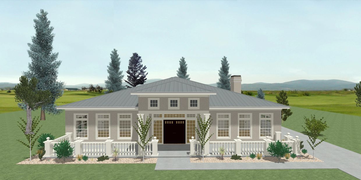 Modern single-story house with a large porch and symmetrical windows.