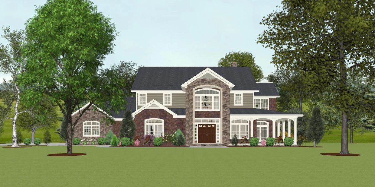 Large two-story house with brick and stone facade surrounded by trees and greenery.