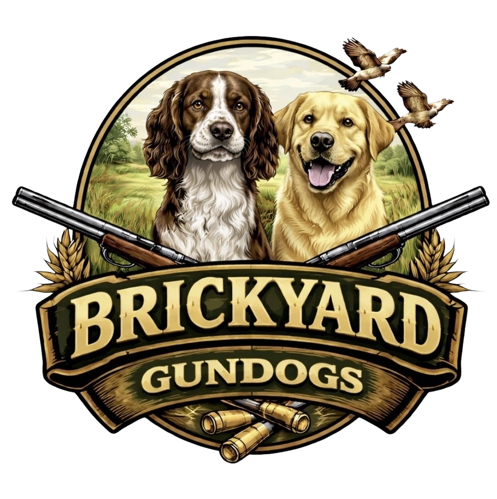 Logo featuring two hunting dogs, guns, and flying birds with text 'Brickyard Gundogs'.
