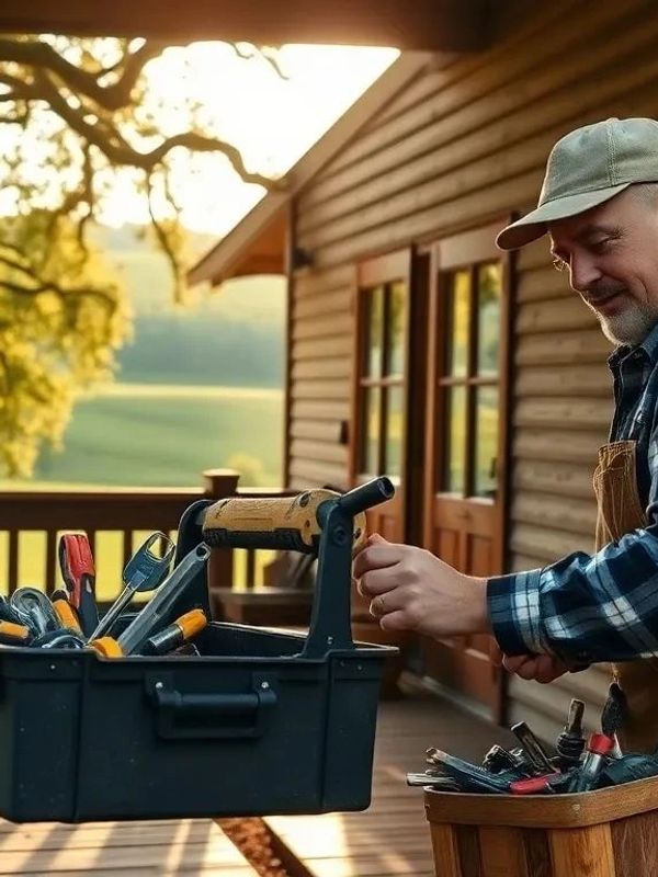 Man organizing tools outside a wooden house at sunset.