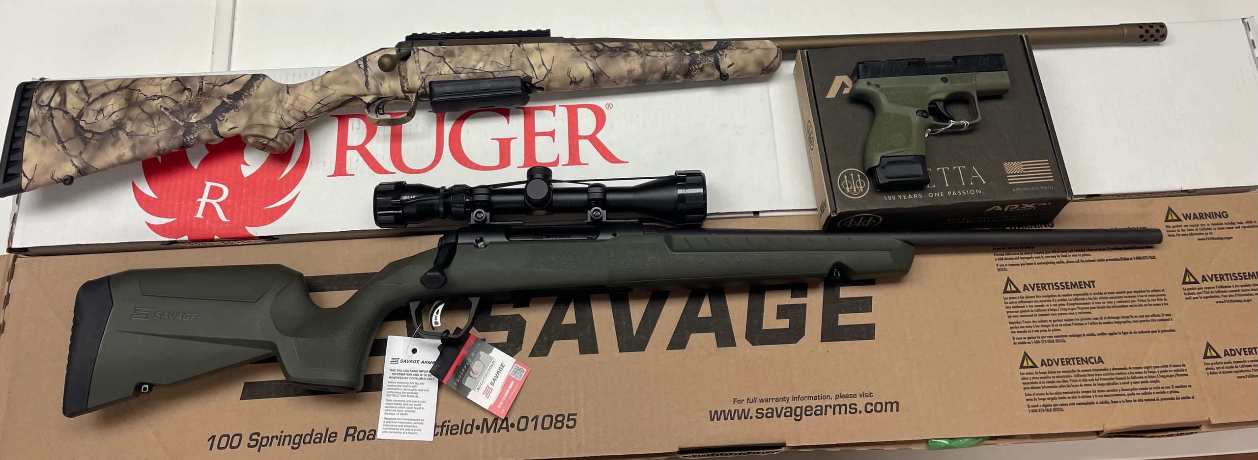 Ruger American GoWild 7mmPRC.              Beretta APX-A1 carry 9mm.                      Savage Axi