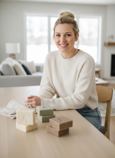 Smiling woman sitting at a table with handmade soap bars.