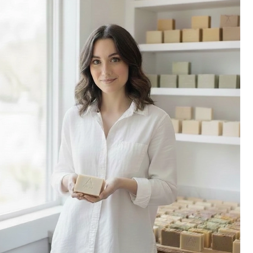 Woman in white shirt holding a soap bar in a store with shelves of soaps.