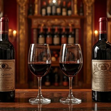 Two glasses of red wine between two bottles in a cozy wine cellar.