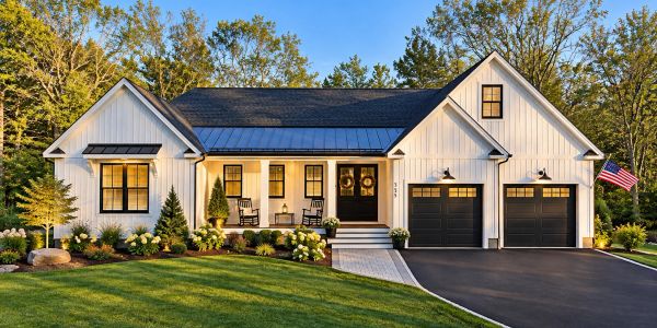 Modern white house with black accents and a well-kept lawn.