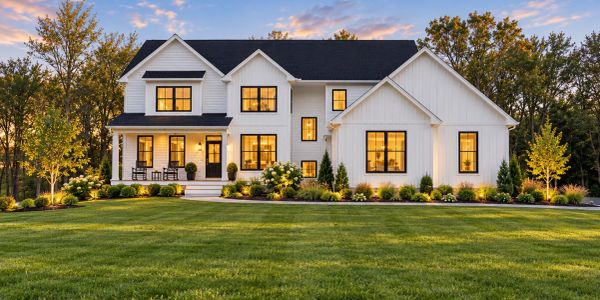 Modern white house with large windows and a spacious lawn.