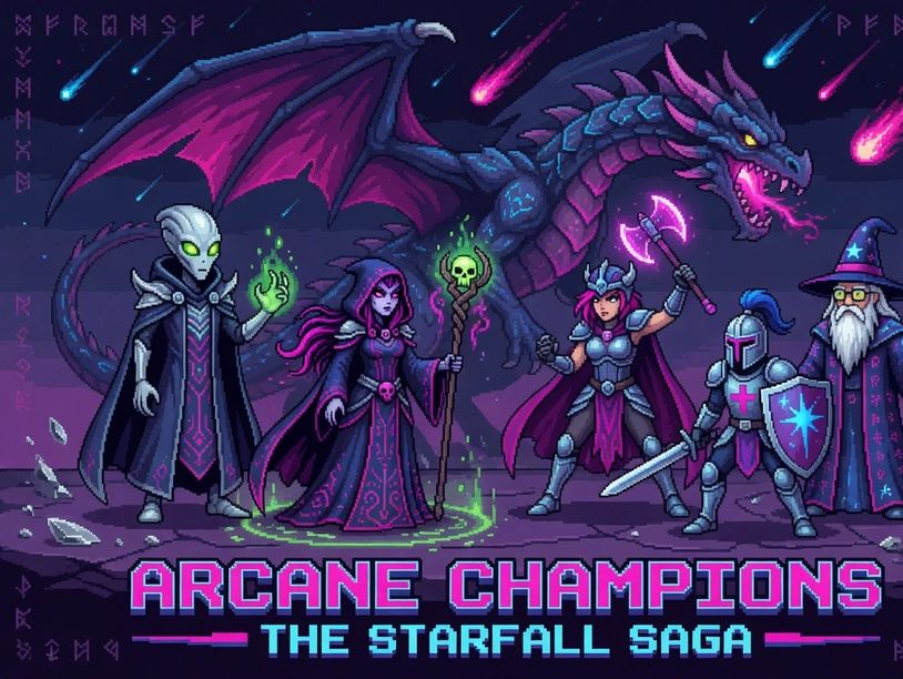 Pixel art of fantasy heroes and a dragon from Arcane Champions: The Starfall Saga.