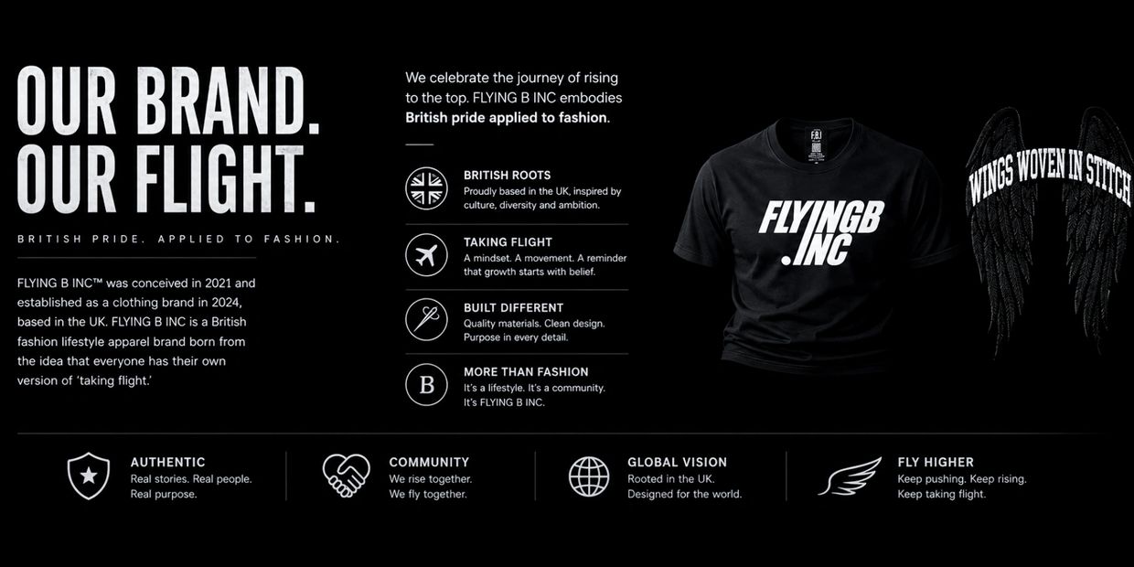 Explore the official FLYING B INC brand identity, including our logo, visual language and the design