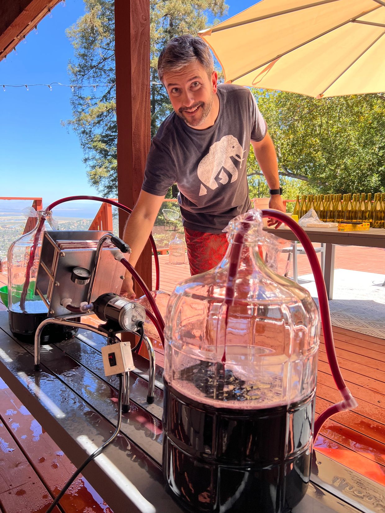 Rob filtering wine.  Rothman Wines. 
