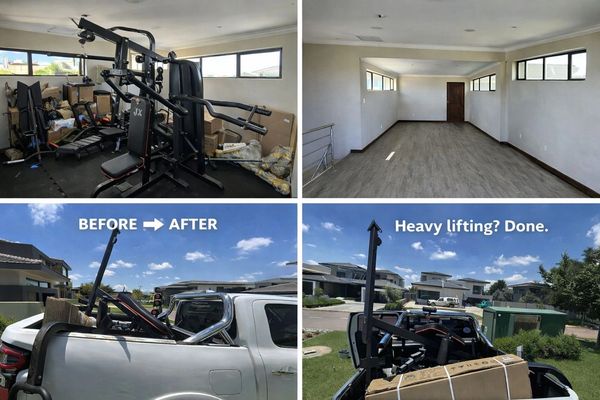 Before and after images of a home gym removal and transportation.