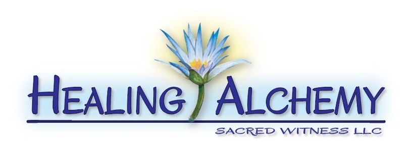 Logo for Healing Alchemy Sacred Witness LLC with a blue flower.