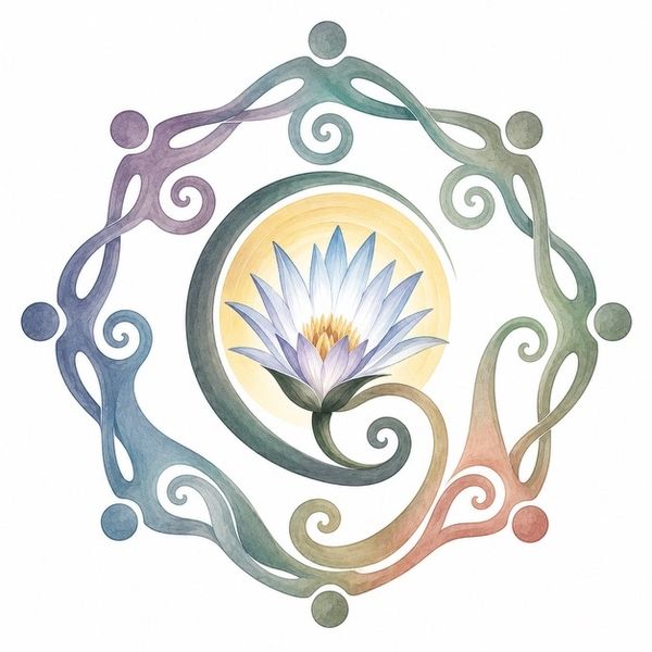 Circle of stylized human figures around a lotus flower.