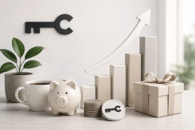 Growth chart with piggy bank, coins, gift, and coffee on desk.