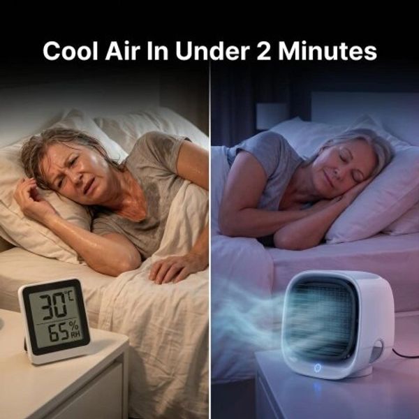 Comparison of sleeping woman before and after using a cooling device.