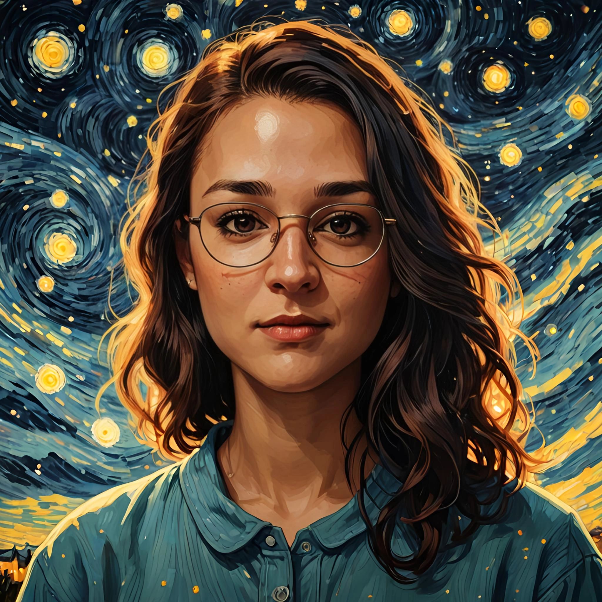 Technical Program portrait of smiling professional in a Starry Night painted style