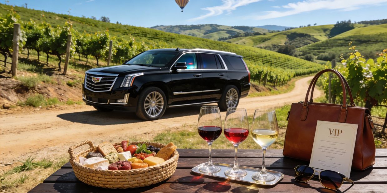 Luxury SUV parked near a vineyard with wine and cheese setup on a table.
