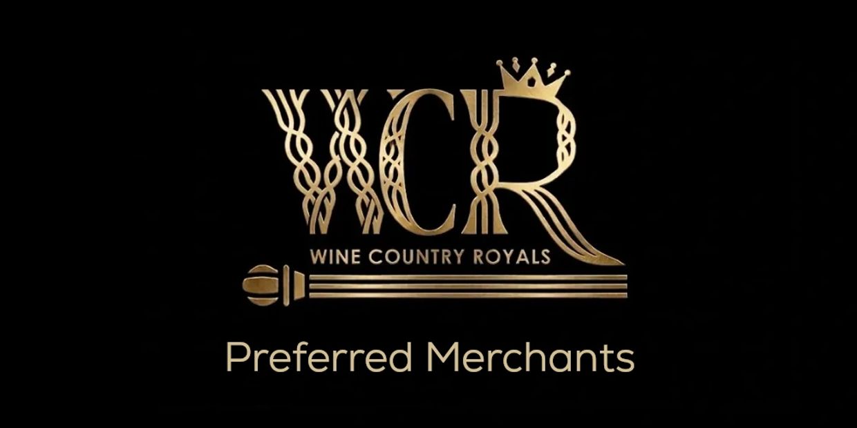 Elegant gold logo of Wine Country Royals on black background.
