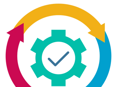 Colorful circular arrows surround a gear with a checkmark inside.