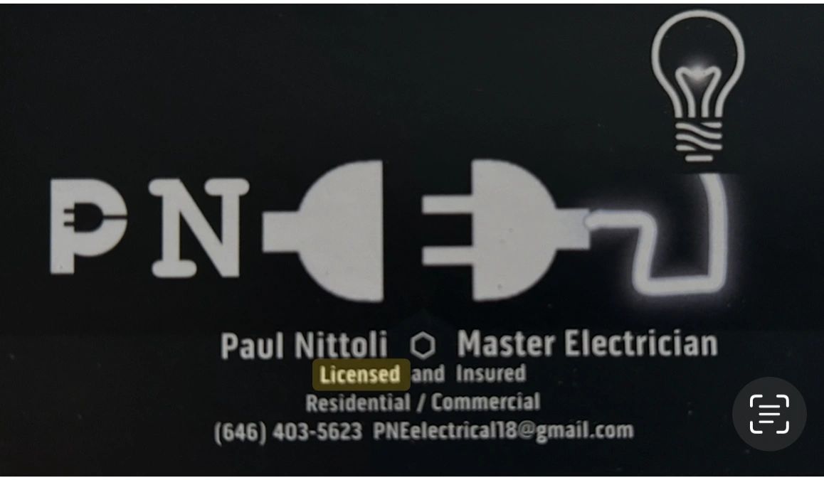 Business card for Paul Nittoli, Master Electrician, with contact details and creative plug design.